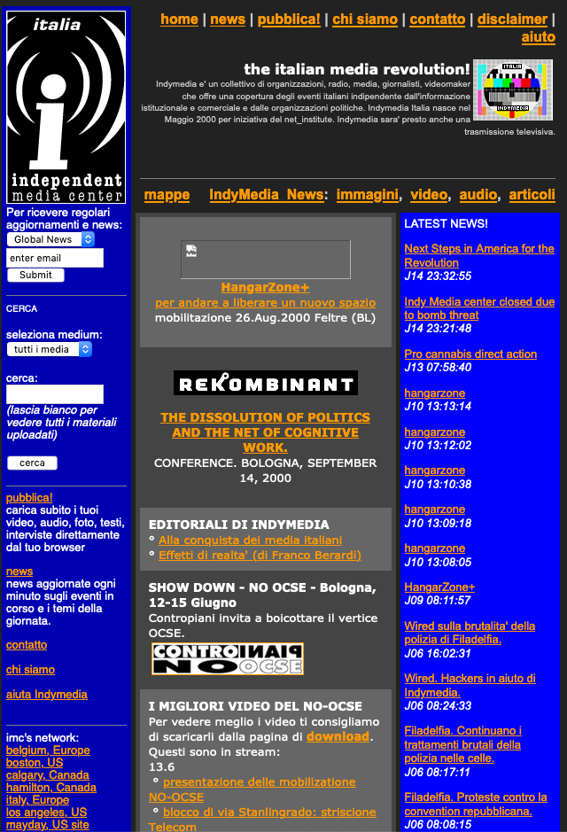 Home di italy.indymedia.org (15/08/2000) da archive.org