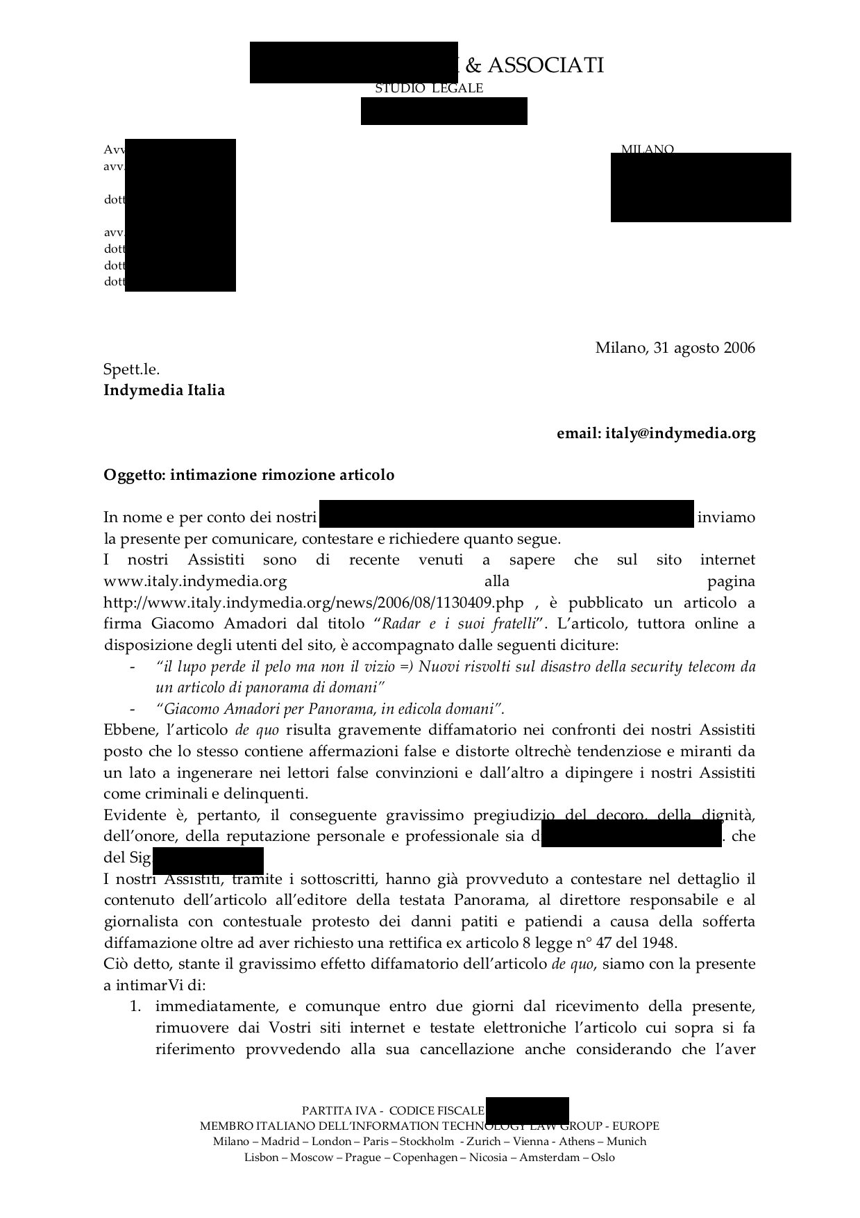 Diffida di uno studio legale
