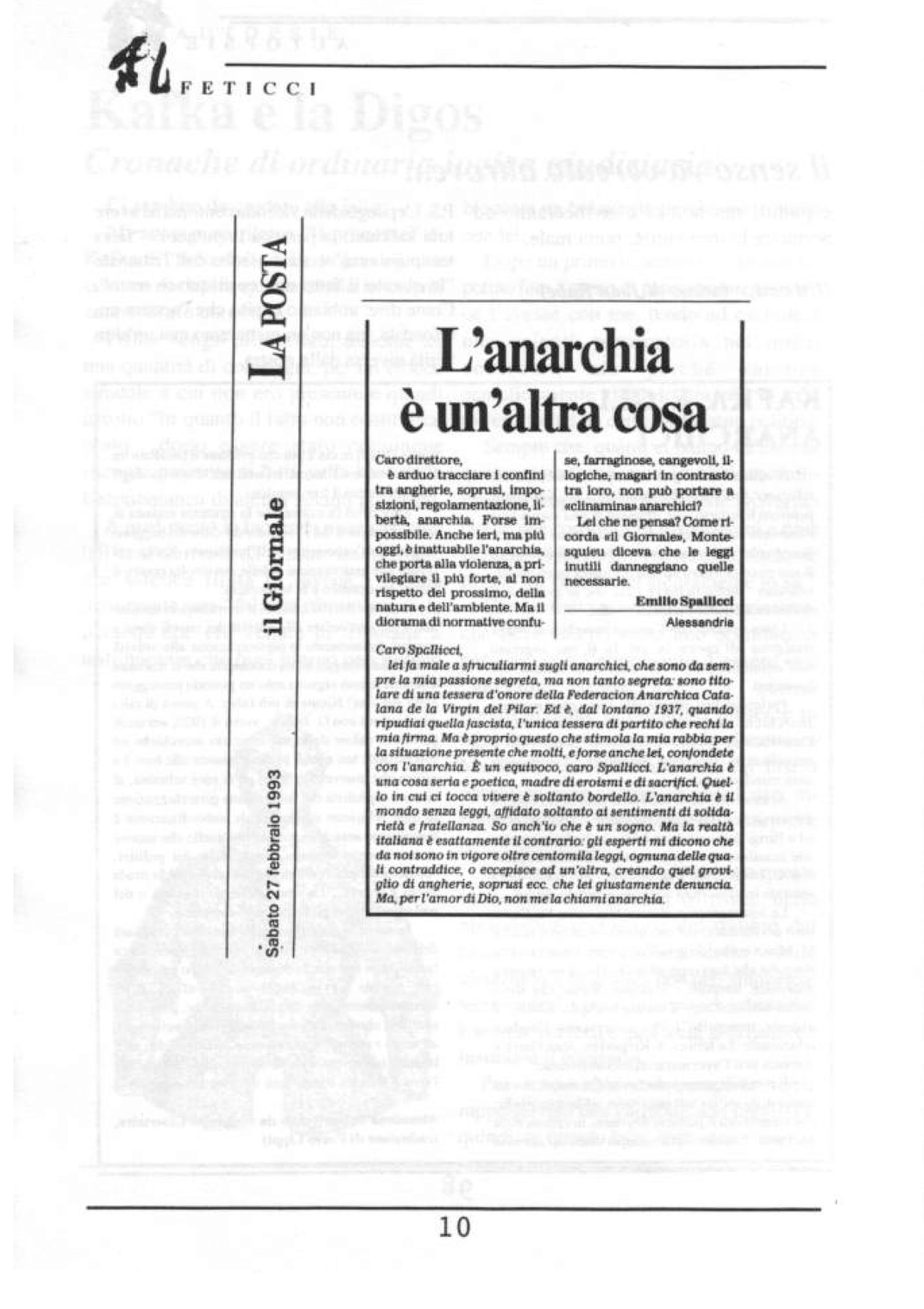 Ritaglio dalla posta de "il Giornale" del 27/03/1993
