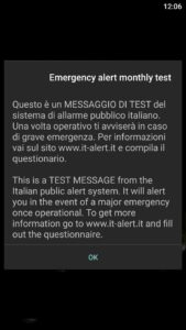 schermata di un allarme di prova trasmesso ai cellulari