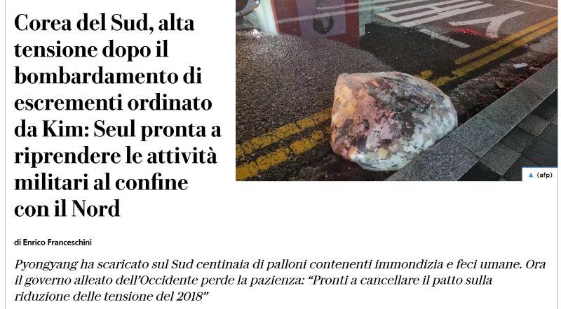 "Corea del Sud, alta tensione doo il bombardamento di escrementi ordinato da Kim..."